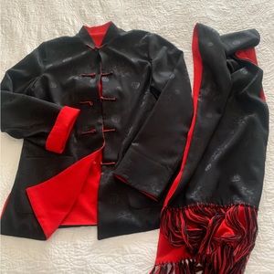 Chinese silk and knit jacket and scarf